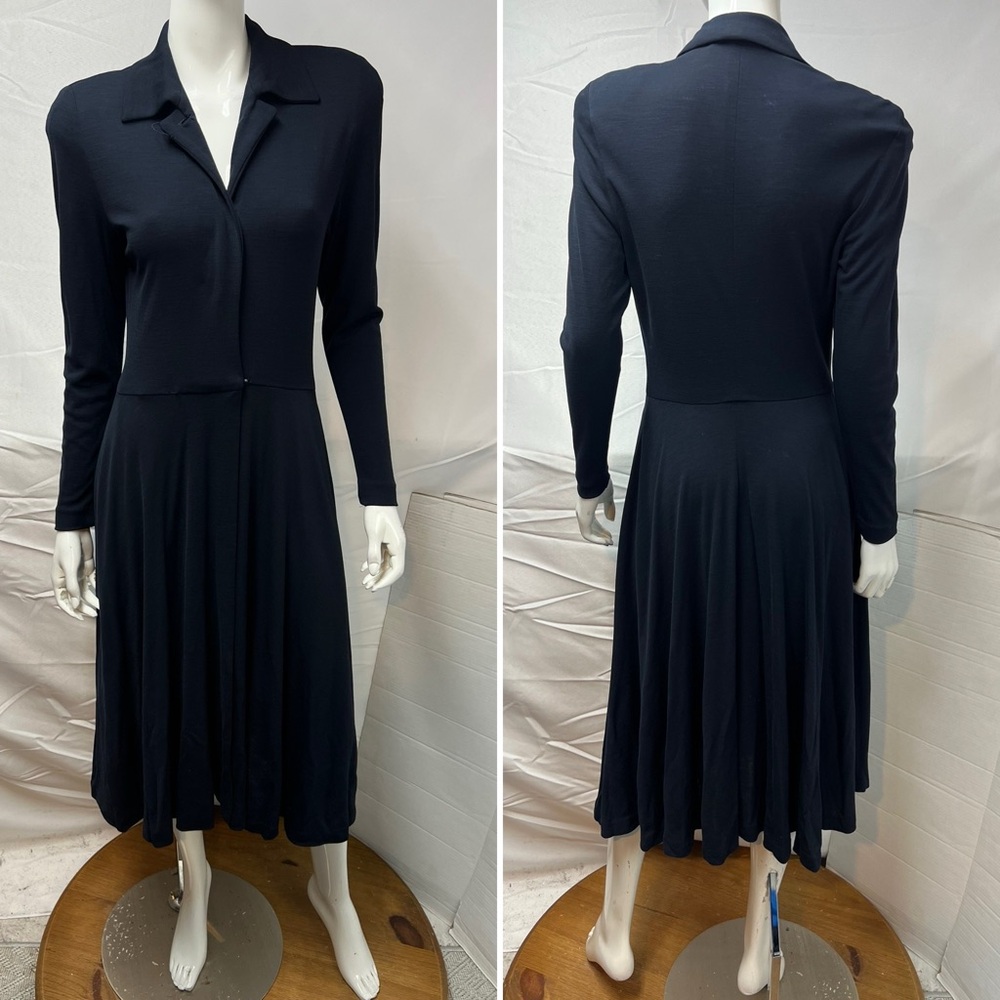 Donna Karan New York Vintage 90s Wool Crepe Midi Long Sleeve Navy Wrap Dress S/M